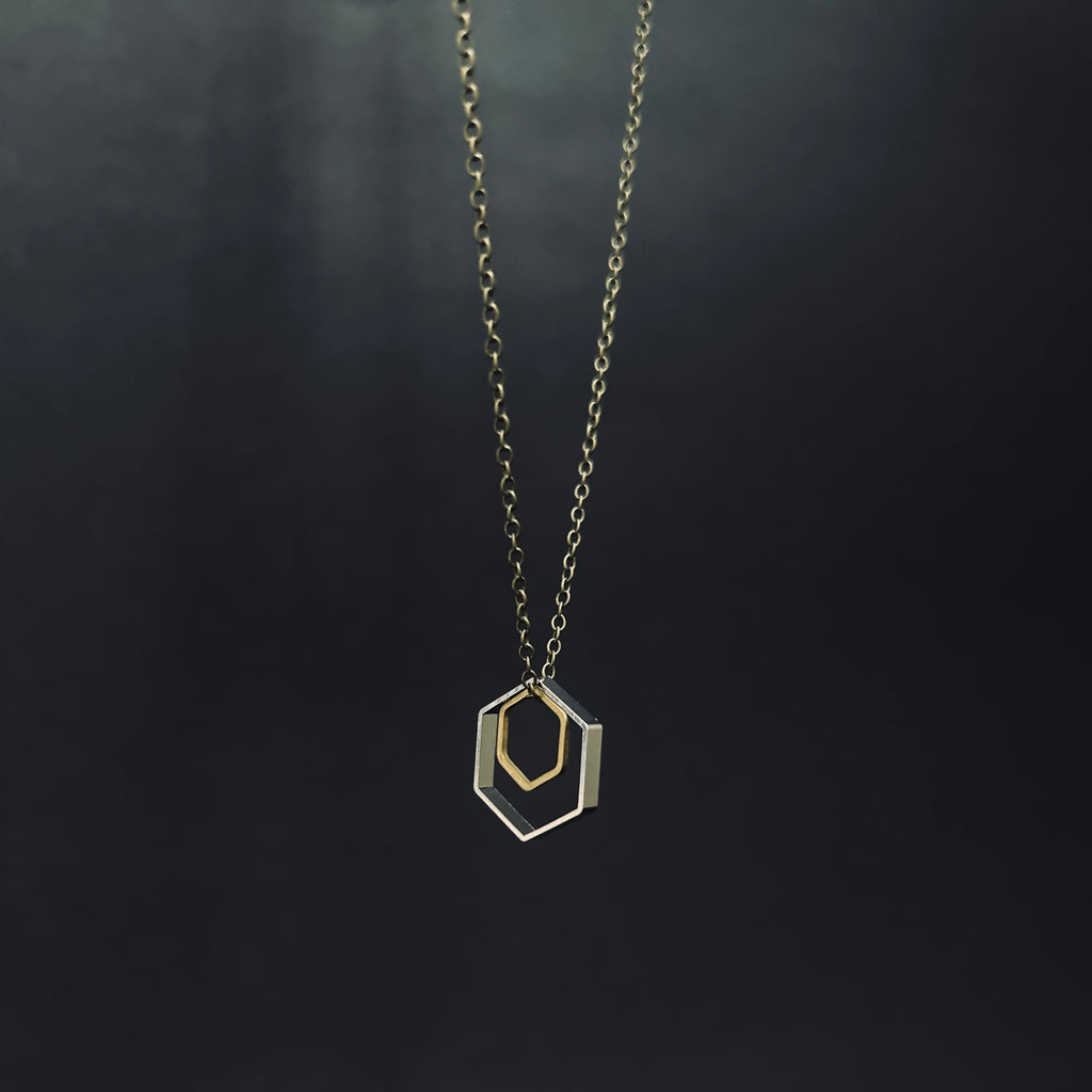 Double Hexagon Charm Necklace on Bronze - The Magpie's Daughter