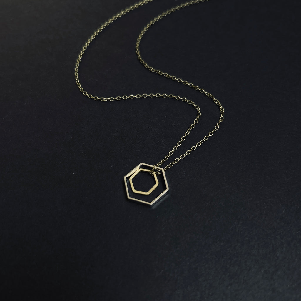 Double Hexagon Charm Necklace on Bronze - The Magpie's Daughter