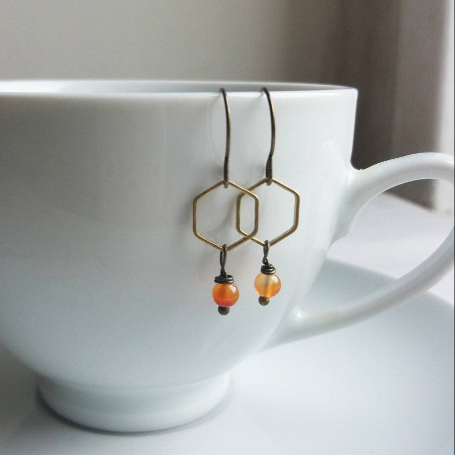 Gold Hexagon Carnelian Charm Earrings - The Magpie's Daughter