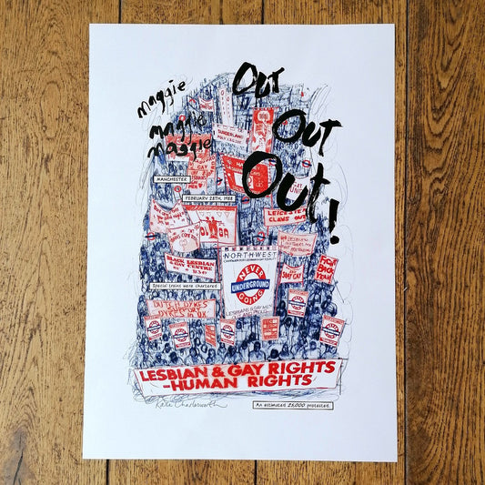 Print depicts the Section 28 march in Manchester in 1988. It has figures in blue holding various protest signs and banners. 'Maggie, Maggie, Maggie, Out Out Out!' is written in black text over the crowd reflecting their chant. The front banner reads 'Lesbian & Gay Rights - Human Rights' | Artwork copyright the artist Kate Charlesworth, Image courtesy of People's History Museum shop